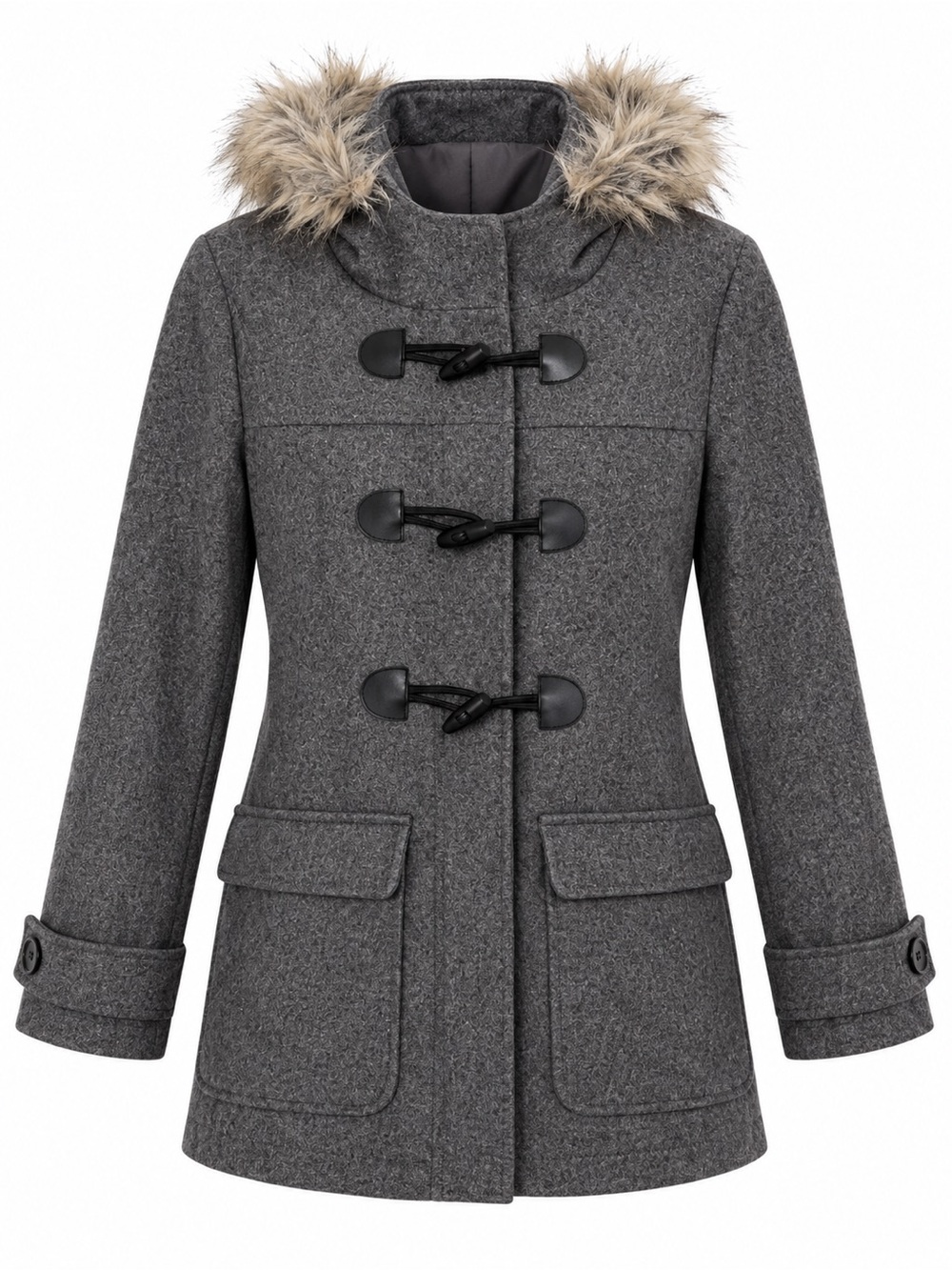Old Navy Gray Wool-Blend Hooded Toggle Pea Coat with Faux Fur Trim Size Small